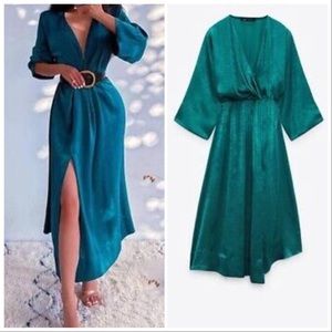 LAST size M NWT ZARA Duck green SATIN EFFECT MIDI DRESS